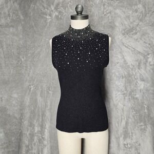 Vtg Sideffects Womens L Black Studded Beaded Ribbed Knit Going Out Tank Top